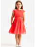 Beaded Coral Pleated Chiffon Knee Length Flower Girl Dress
